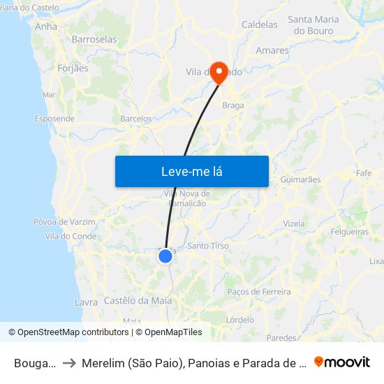 Bougado to Merelim (São Paio), Panoias e Parada de Tibães map