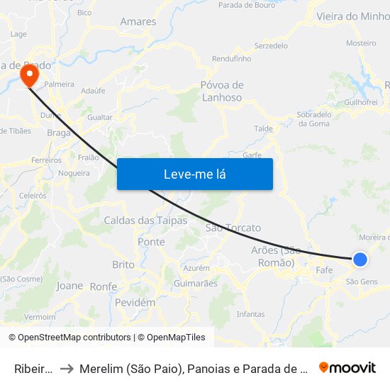 Ribeiros to Merelim (São Paio), Panoias e Parada de Tibães map