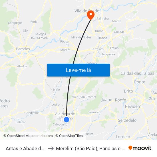 Antas e Abade de Vermoim to Merelim (São Paio), Panoias e Parada de Tibães map