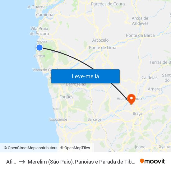 Afife to Merelim (São Paio), Panoias e Parada de Tibães map