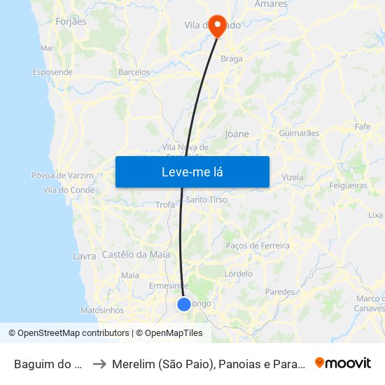 Baguim do Monte to Merelim (São Paio), Panoias e Parada de Tibães map