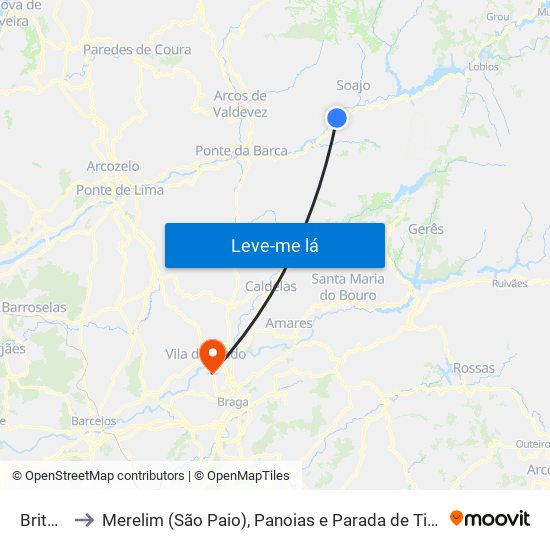 Britelo to Merelim (São Paio), Panoias e Parada de Tibães map