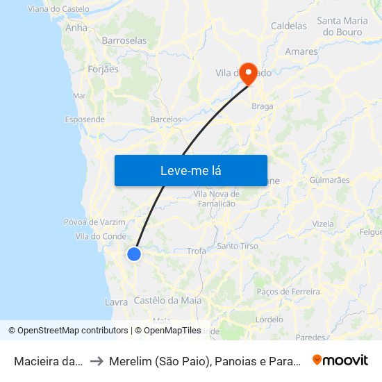 Macieira da Maia to Merelim (São Paio), Panoias e Parada de Tibães map