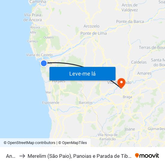 Anha to Merelim (São Paio), Panoias e Parada de Tibães map