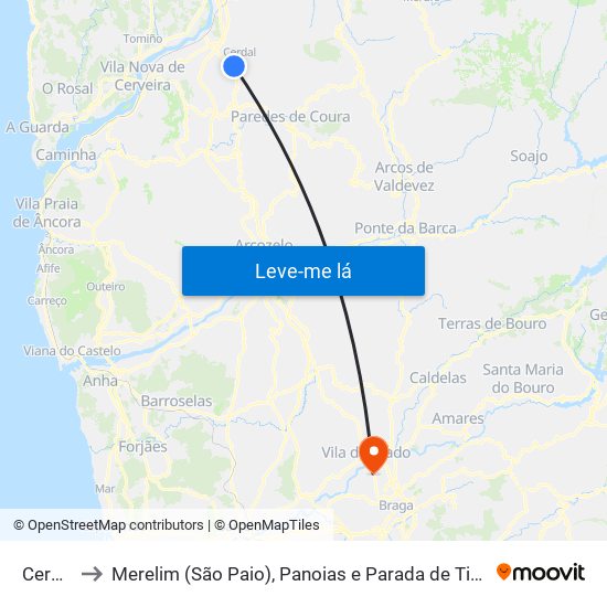 Cerdal to Merelim (São Paio), Panoias e Parada de Tibães map