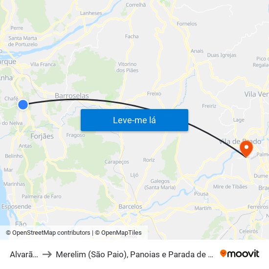Alvarães to Merelim (São Paio), Panoias e Parada de Tibães map