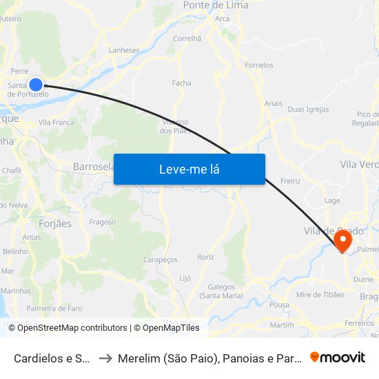 Cardielos e Serreleis to Merelim (São Paio), Panoias e Parada de Tibães map