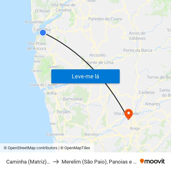 Caminha (Matriz) e Vilarelho to Merelim (São Paio), Panoias e Parada de Tibães map