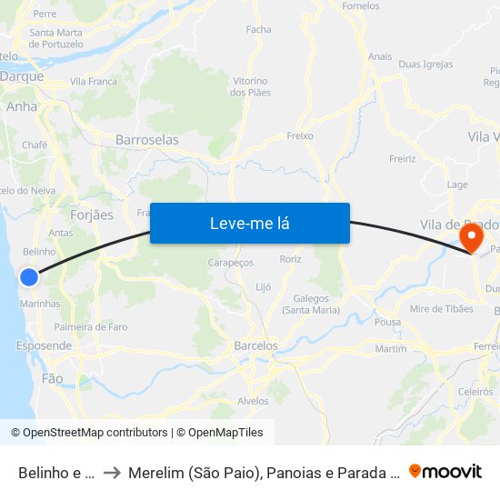 Belinho e Mar to Merelim (São Paio), Panoias e Parada de Tibães map