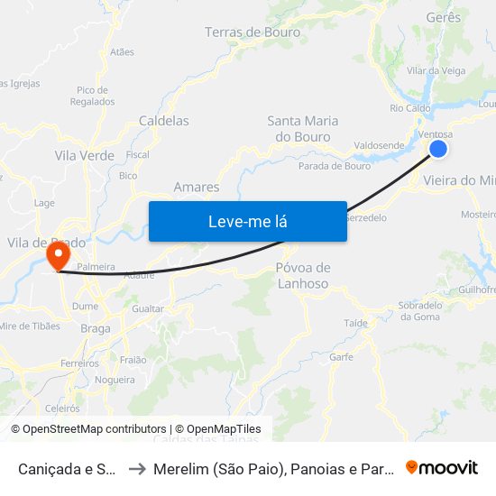 Caniçada e Soengas to Merelim (São Paio), Panoias e Parada de Tibães map