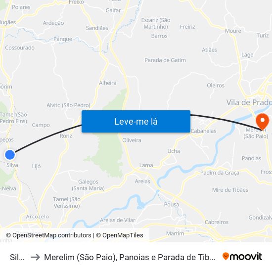 Silva to Merelim (São Paio), Panoias e Parada de Tibães map