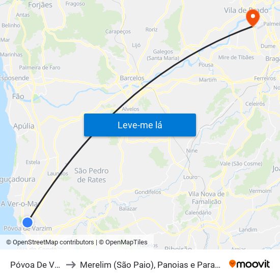 Póvoa De Varzim to Merelim (São Paio), Panoias e Parada de Tibães map