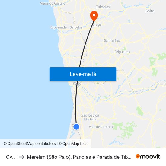 Ovar to Merelim (São Paio), Panoias e Parada de Tibães map