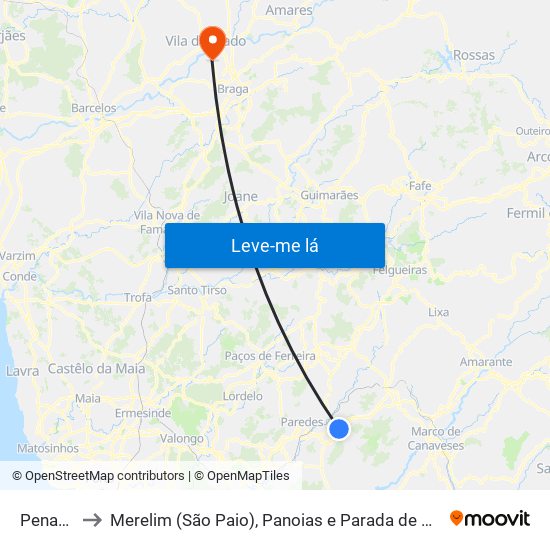 Penafiel to Merelim (São Paio), Panoias e Parada de Tibães map