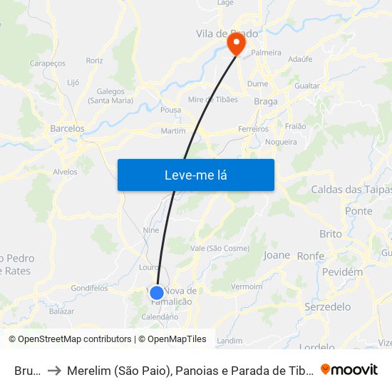 Brufe to Merelim (São Paio), Panoias e Parada de Tibães map