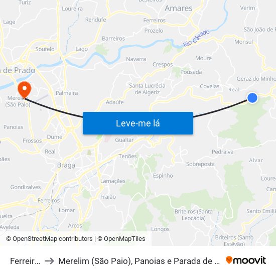 Ferreiros to Merelim (São Paio), Panoias e Parada de Tibães map