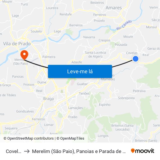 Covelas to Merelim (São Paio), Panoias e Parada de Tibães map