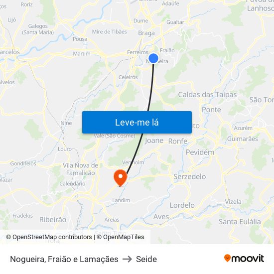 Nogueira, Fraião e Lamaçães to Seide map