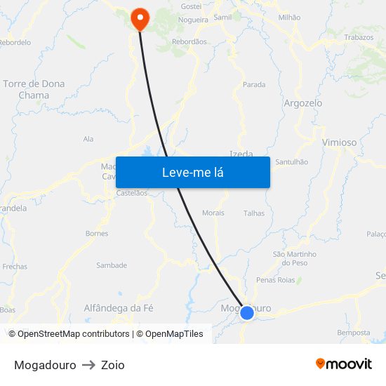 Mogadouro to Zoio map