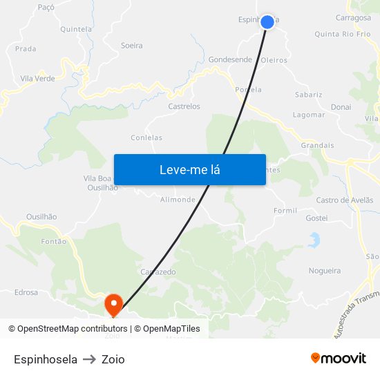 Espinhosela to Zoio map