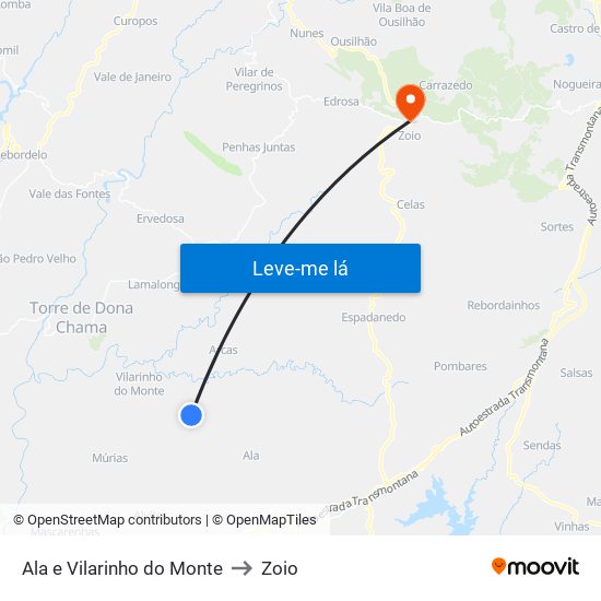 Ala e Vilarinho do Monte to Zoio map