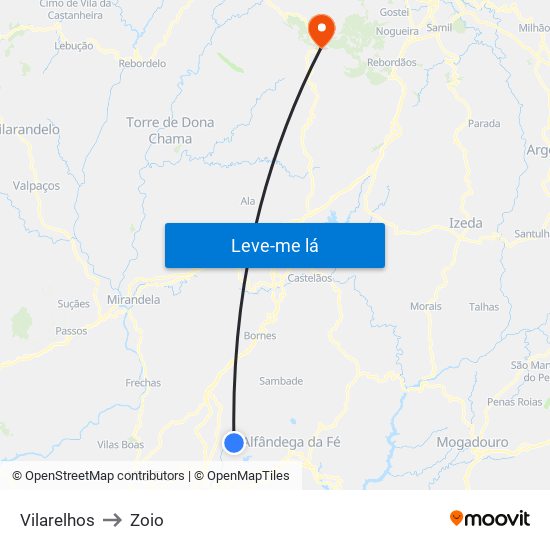 Vilarelhos to Zoio map