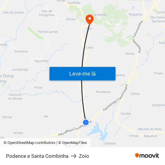 Podence e Santa Combinha to Zoio map