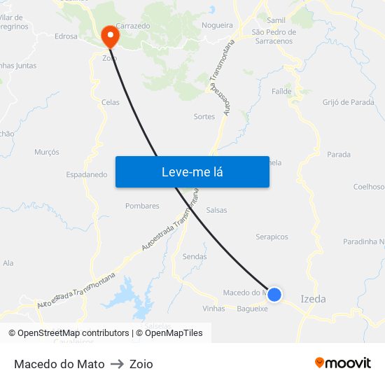 Macedo do Mato to Zoio map