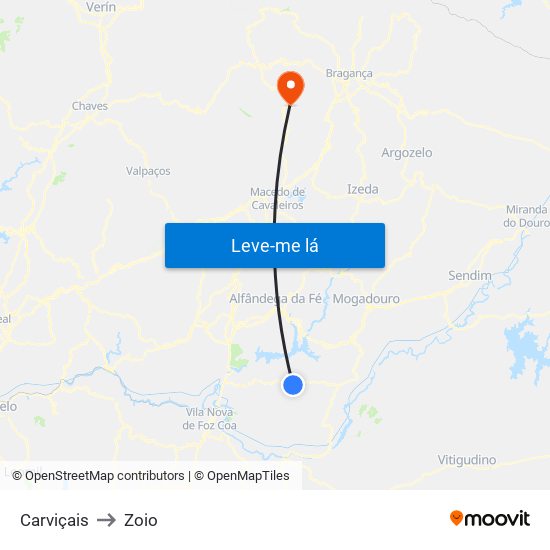 Carviçais to Zoio map