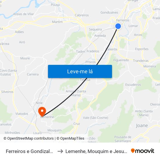 Ferreiros e Gondizalves to Lemenhe, Mouquim e Jesufrei map