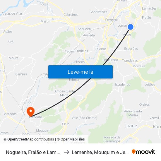 Nogueira, Fraião e Lamaçães to Lemenhe, Mouquim e Jesufrei map