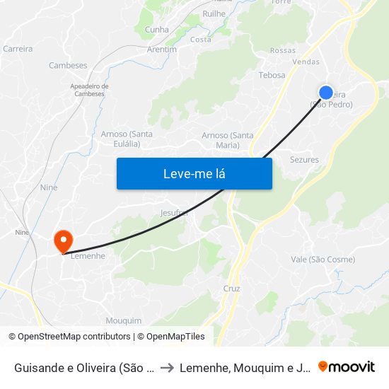 Guisande e Oliveira (São Pedro) to Lemenhe, Mouquim e Jesufrei map