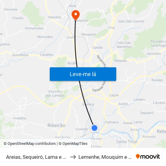 Areias, Sequeiró, Lama e Palmeira to Lemenhe, Mouquim e Jesufrei map