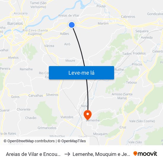 Areias de Vilar e Encourados to Lemenhe, Mouquim e Jesufrei map