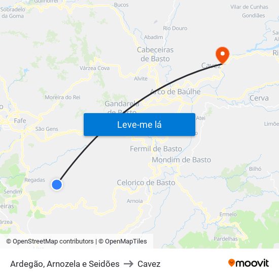 Ardegão, Arnozela e Seidões to Cavez map