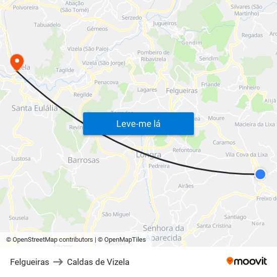 Felgueiras to Caldas de Vizela map