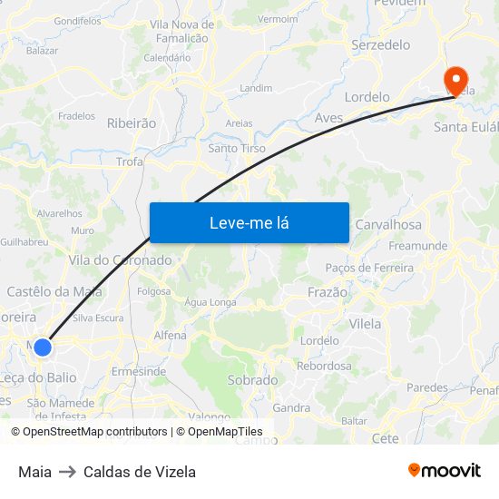 Maia to Caldas de Vizela map