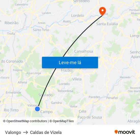 Valongo to Caldas de Vizela map