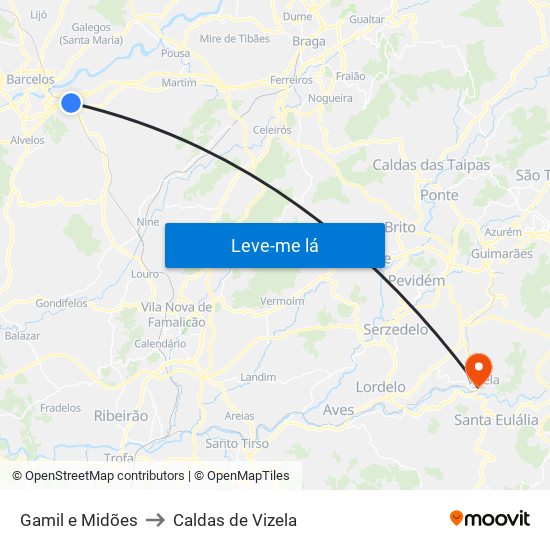 Gamil e Midões to Caldas de Vizela map