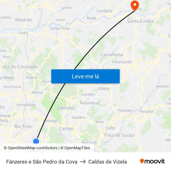 Fânzeres e São Pedro da Cova to Caldas de Vizela map