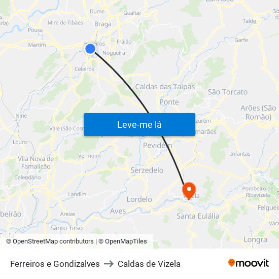 Ferreiros e Gondizalves to Caldas de Vizela map