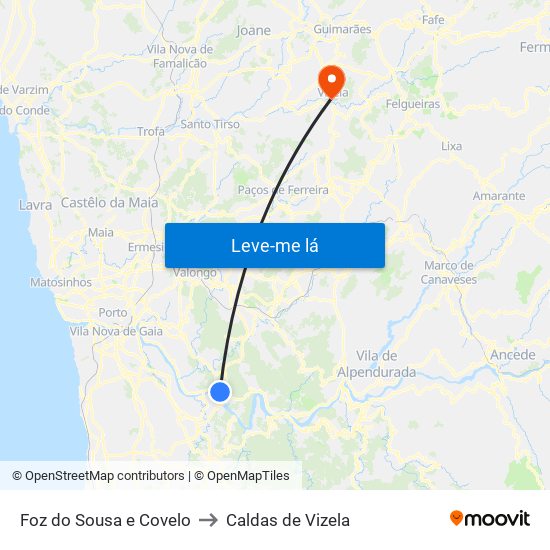 Foz do Sousa e Covelo to Caldas de Vizela map