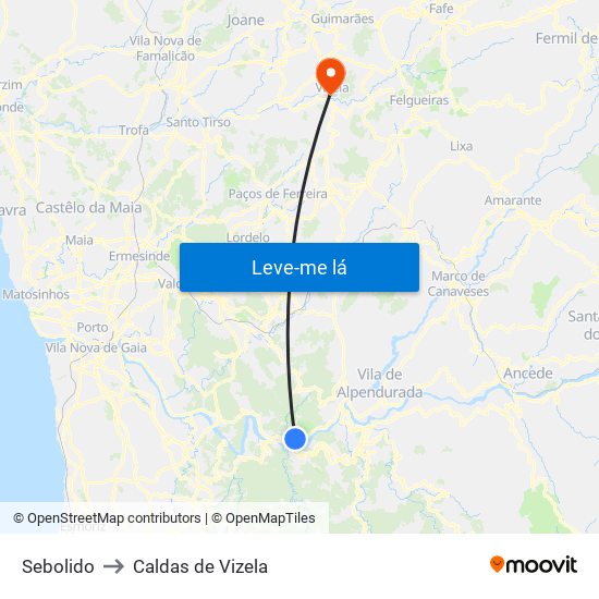 Sebolido to Caldas de Vizela map
