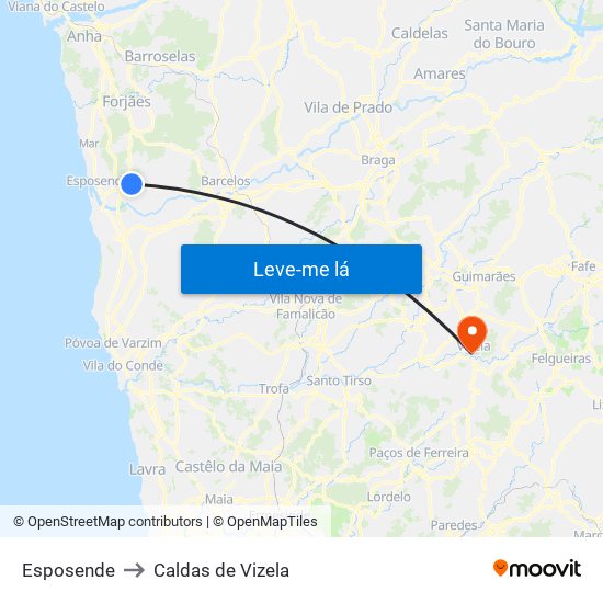 Esposende to Caldas de Vizela map