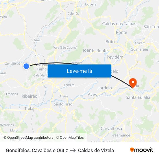 Gondifelos, Cavalões e Outiz to Caldas de Vizela map