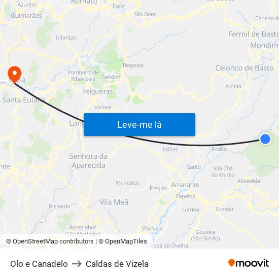 Olo e Canadelo to Caldas de Vizela map