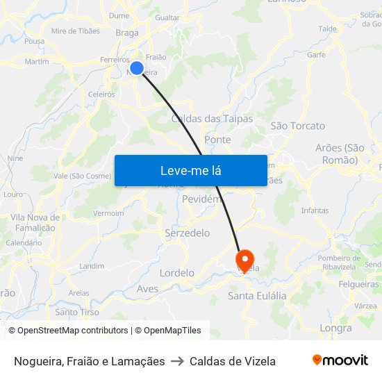 Nogueira, Fraião e Lamaçães to Caldas de Vizela map