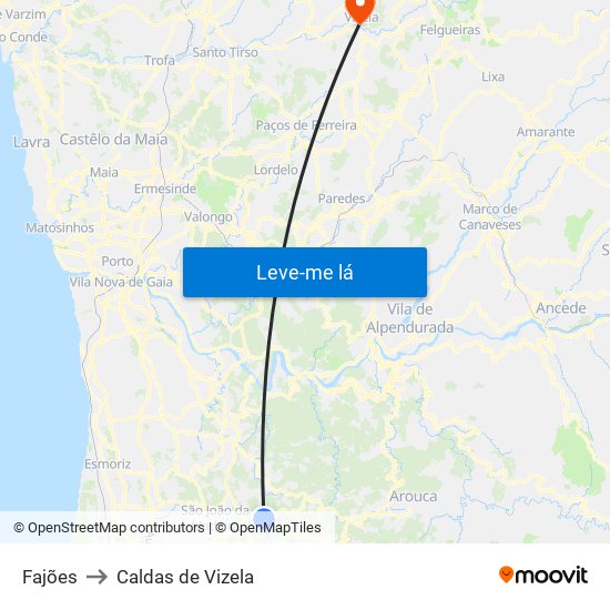 Fajões to Caldas de Vizela map