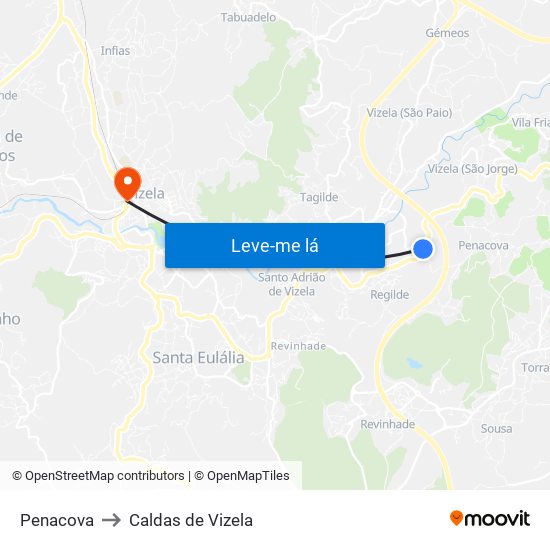 Penacova to Caldas de Vizela map