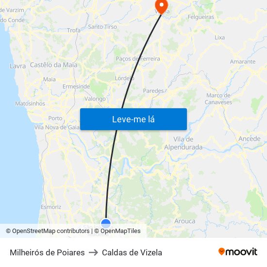 Milheirós de Poiares to Caldas de Vizela map